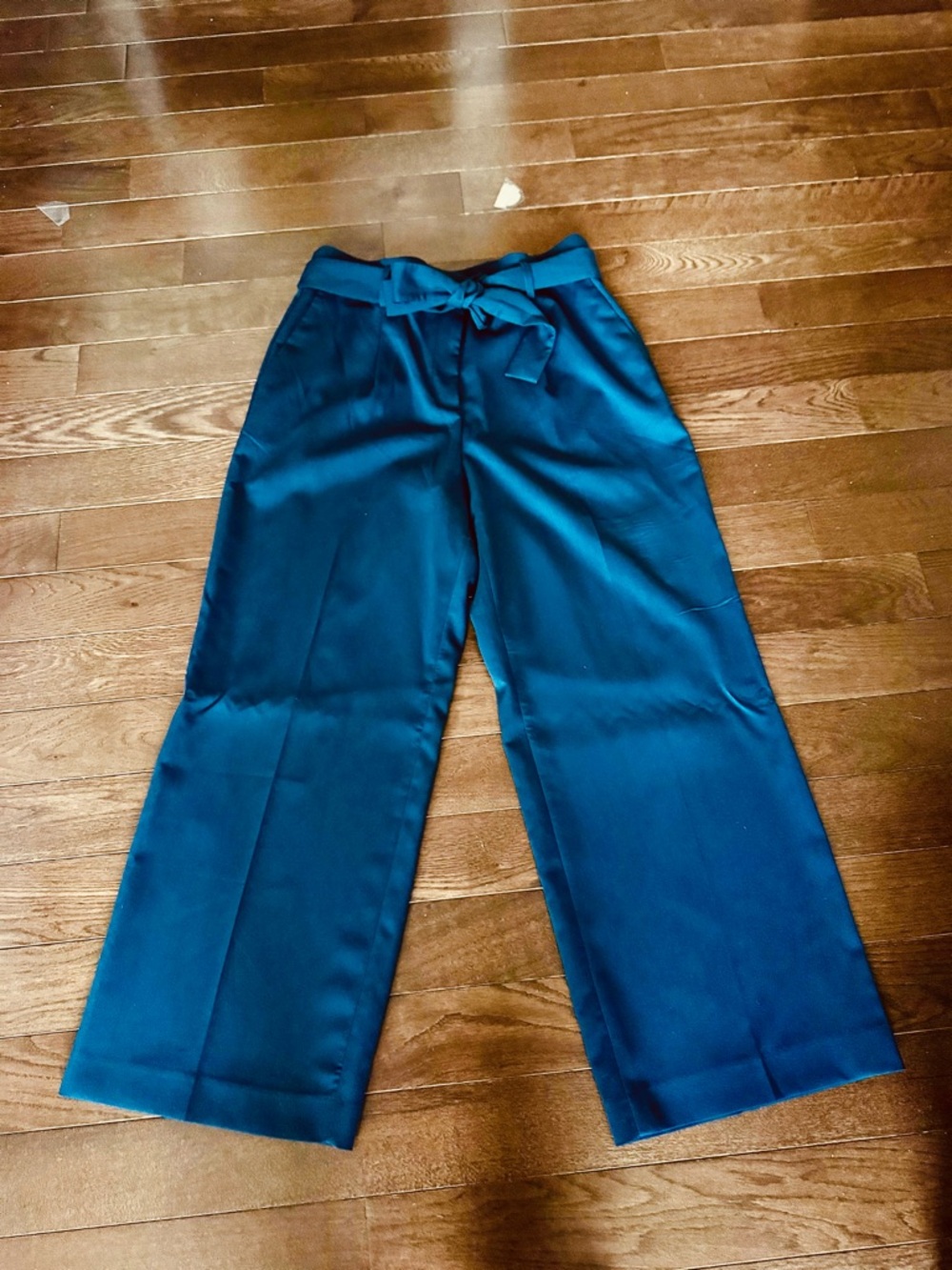 Ann Taylor Teal Wide-Leg Satin-Look Pants with Self Tie